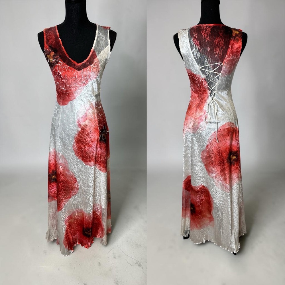 Komarov Y2K Fairy Red Poppy Floral Crinkle Maxi Dress Lace Up Corset Back Medium